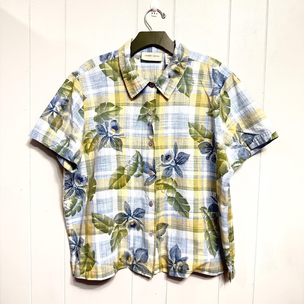 #14)  Short-Sleeve Plaid Floral embroidered Button-Down Shirt - Blue Green